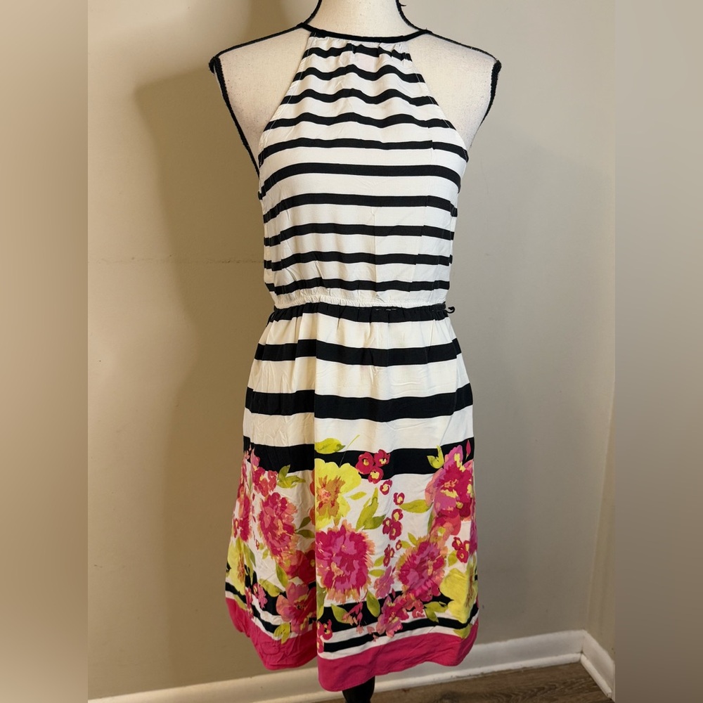 Elle midi tank dress black white striped & bold floral pattern SZ medium